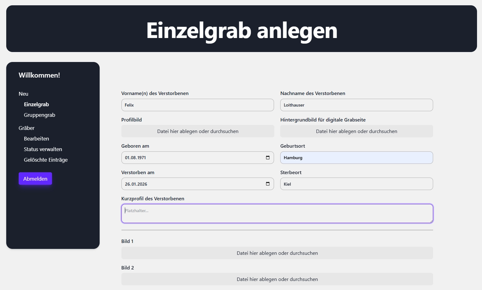 Admin-Dashboard Einzelgrab-Anlage